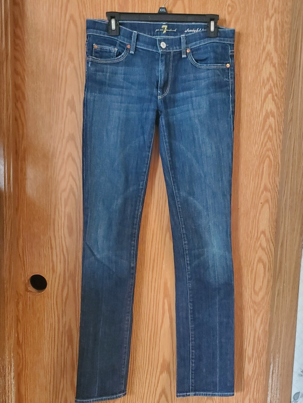 7 For All Mankind Straight Leg Low Rise Jeans in Dark Blue Wash Size 28